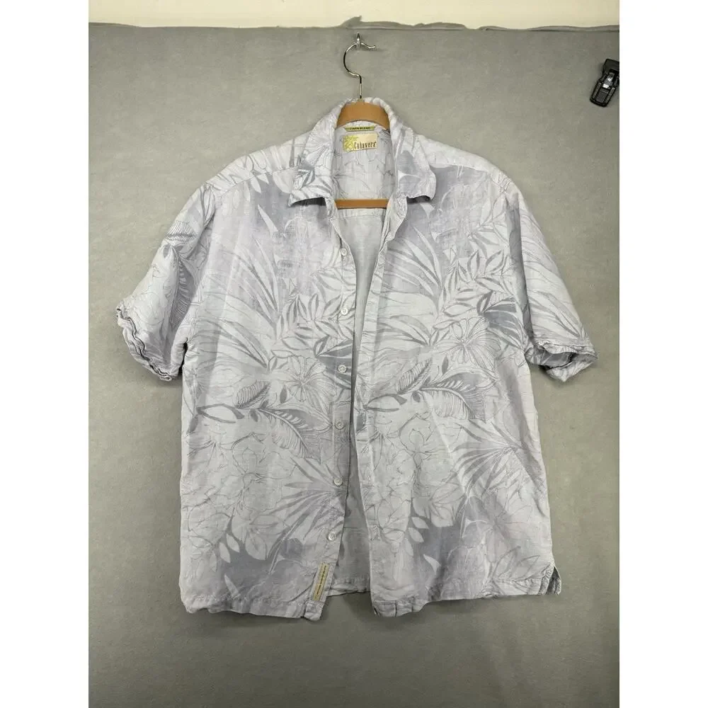Cubavera Shirt Men's Sz L White Palms Button Up Linen Blend Short Sleeve Pockets